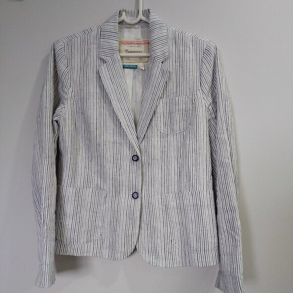 Anthropologie Cartonnier 100% linen Navy White Beachy Pin Stripe blazer, Sz 6 - Picture 1 of 10